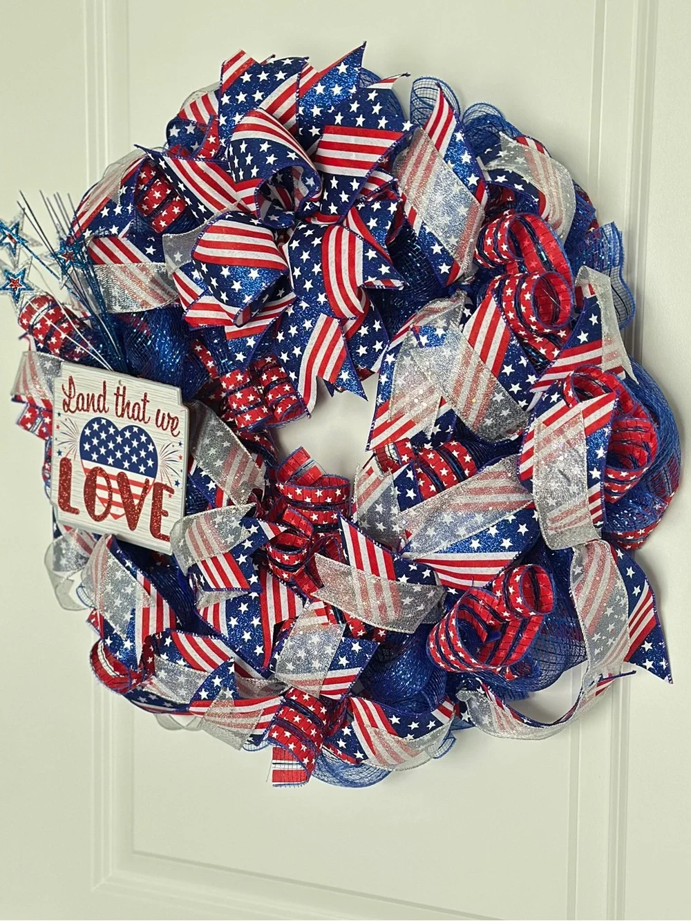 Patriotic Stars & Stripes Deco Mesh Wreath | 26” July 4th Door Decor USA Sign